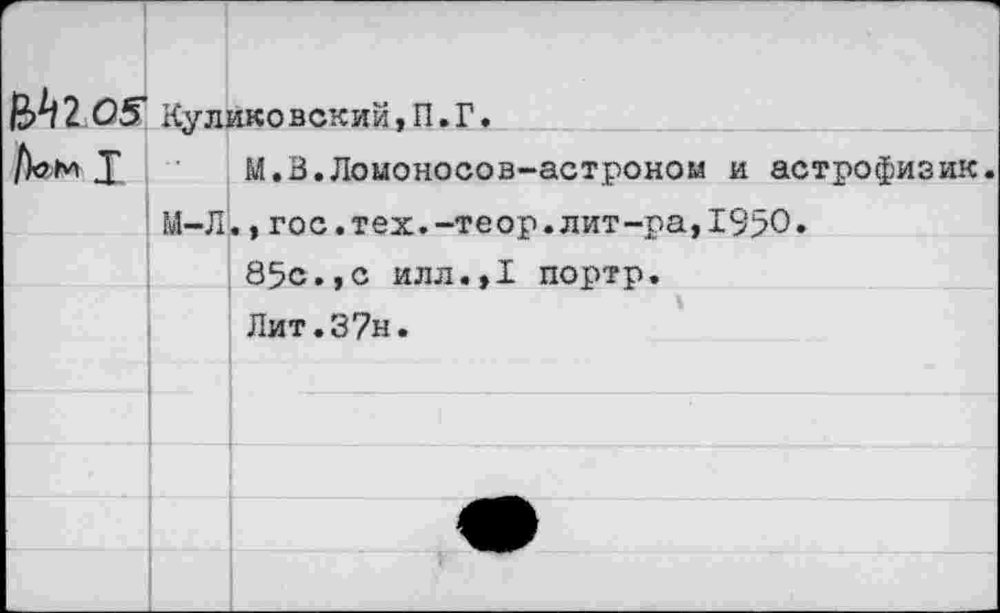 ﻿ЬЬ2О5 Кулико вский, П. Г.
Дом X М.В.Ломоносов-астроном и астрофизик.
М-Л.,гос.тех.-теор.лит-ра,1950» 85с.,с илл.,1 портр. Лит.37н.